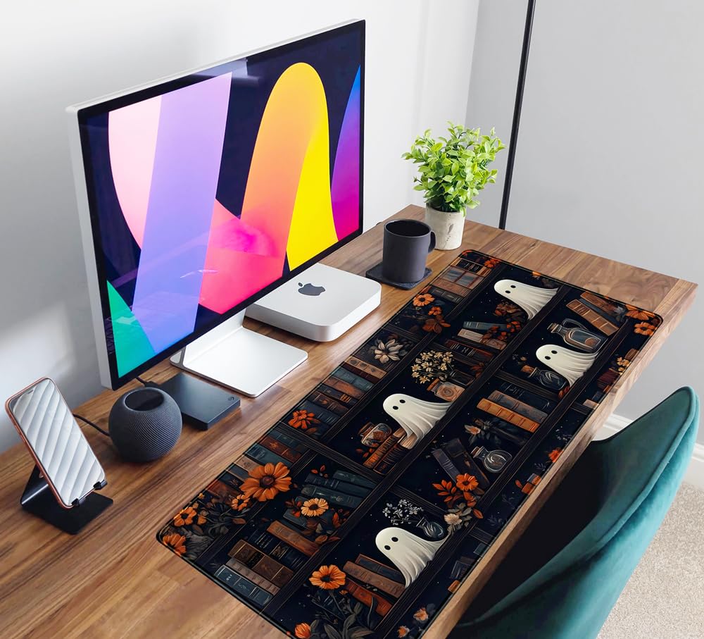 Cute Ghost Desk Mat Dark Vintage Large Mouse Pad Gaming Black Mouse Pad XXL Large Gaming Mousepad Desk Mat for Desktop Office Computer Laptop Keyboard and Mouse Mat - 31.5 X 15.7 in Desktop Protector