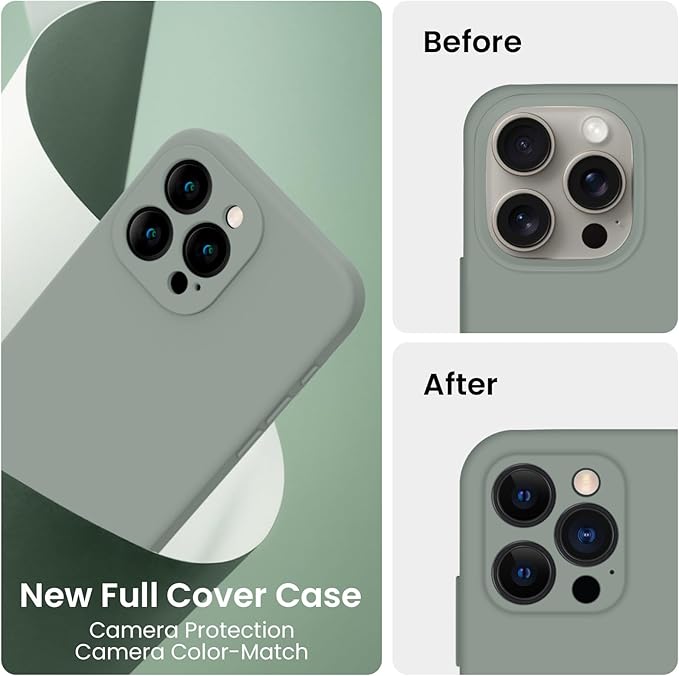 FireNova Designed for iPhone 15 Pro Case, Silicone Upgraded [Camera Protection] Phone Case with [2 Screen Protectors], Soft Anti-Scratch Microfiber Lining Inside, 6.1 inch, Calke Green