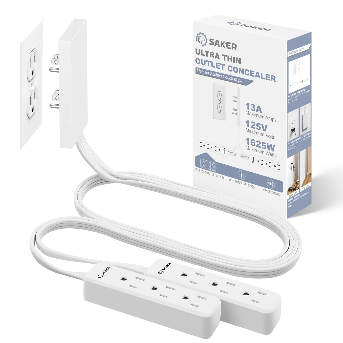 Saker Dual 10ft Flat Extension Cord Outlet Cover, 3 Outlets, White