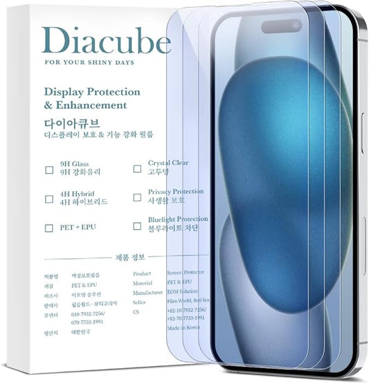 Diacube 3-Pack Anti-Blue Light Matte Screen Protector For iPhone 15 [Support Fingerprint Unlock] Anti-Glare, Anti-Fingerprint [Eye Protection] Bubble-Free Installation with Alignment Jig