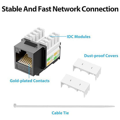 iwillink 10Gbps Cat6 Keystone Jack and Punch-Down Stand, 50-Pack, RJ45 Ethernet Keystone Jacks, 90-Degree UTP Modular Punch Down Keystone Jack Adapter, Black