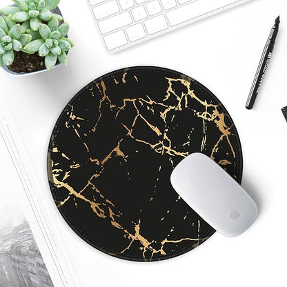 ITNRSIIET Round Mouse Pad with Stitched Edge Premium-Textured Waterproof Non-Slip Rubber Base Desktop Protection Mat Diameter 8.7 inches, Gold Texture Black Marble