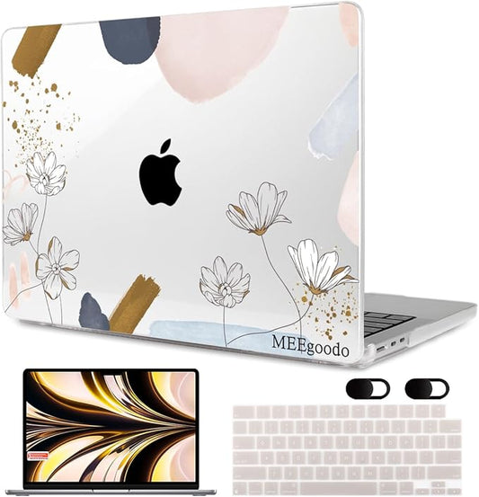 MEEgoodo Case for M5/M4/M3/M2 MacBook Air 13 inch 2026 2025 2024 2022, Fit Model A3449/A3240/A3113/A2681, Case Compatible with MacBook Air 13.6-inch, Golden Watercolor Floral