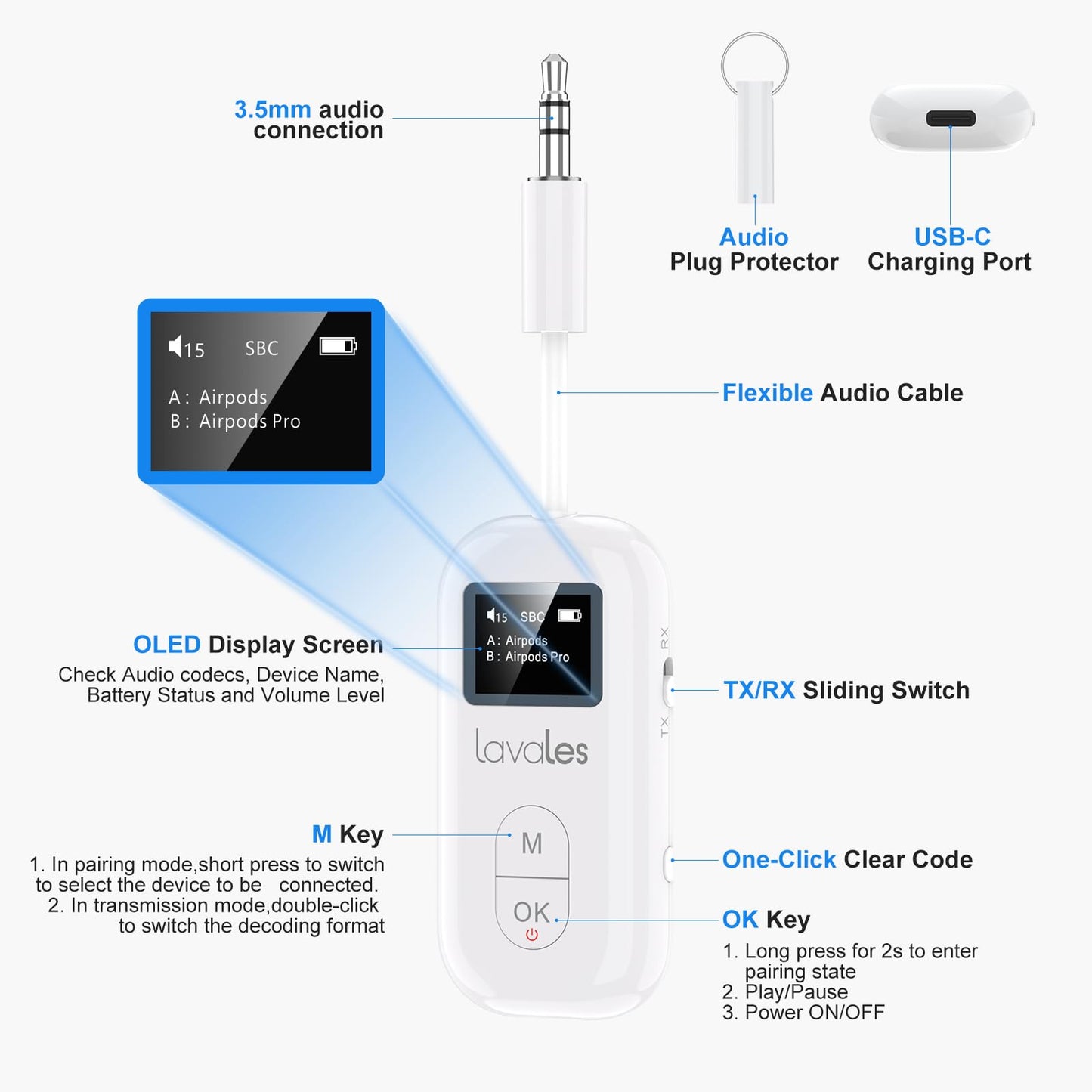 Lavales Bluetooth 5.3 Transmitter Receiver for Airplane, Wireless Audio Adapter for 2 Headphones, aptX Adaptive/SBC/HD,100ft Long Range, 35h Playtime, 3.5mm AUX Adapter for TV, Speakers, MP3