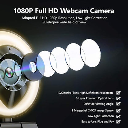 JIGA Streaming Webcam with Dual Microphone 1080P Adjustable Right Light Pro Web Camera Advanced Auto-Focus with Tripod Zoom Camera Gaming Webcam for Xbox Facebook YouTube Streamer Conferencing