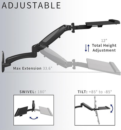 VIVO Sit-Stand 24 Inch Pneumatic Spring Keyboard and Mouse Tray Wall Mount, Counterbalance Height Adjustable Typing Platform, Ergonomic Tilt, Black, MOUNT-KB35B