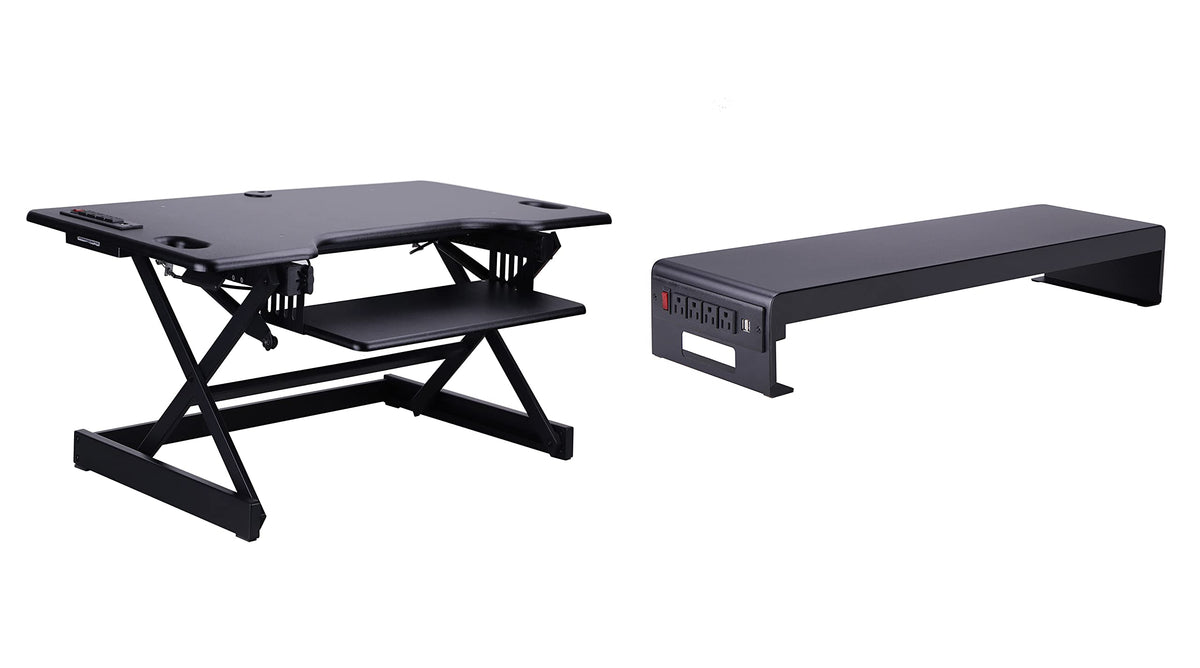 Rocelco 32" Height Adjustable Standing Desk Converter - Sit Stand Computer Workstation Riser - Dual Monitor Retractable Keyboard Tray Gas Spring Assist - Black (R EADRB2)