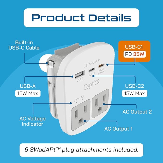 Ceptics 35W Universal Travel Adapter Kit – 2 USA sockets, USB-A, USBC, 1x PD 35W USB-C and USBC Cable, Surge Protected, Plugs for EU, UK, China, AU, Japan - for Laptop, Phone, Camera-ETL Tested