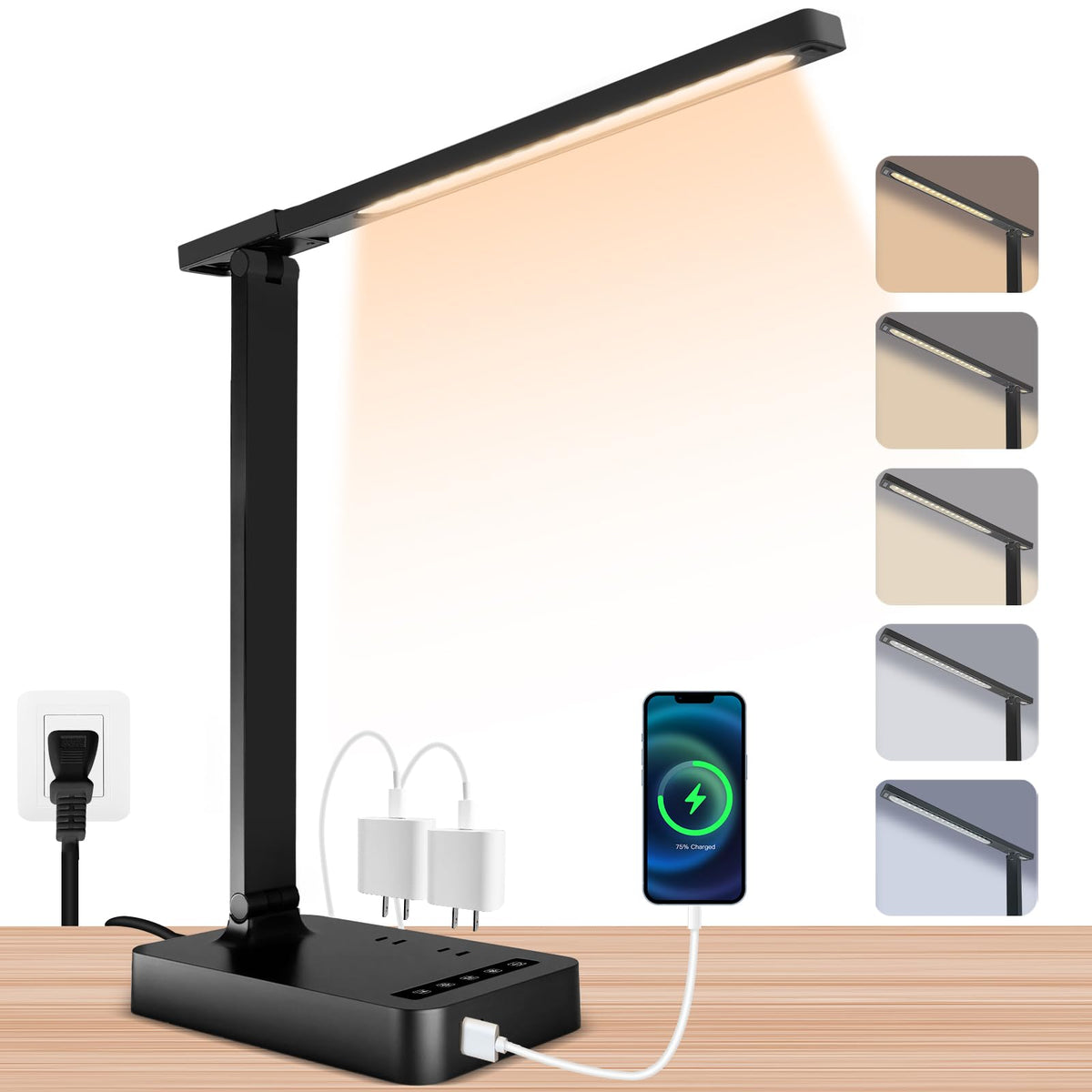 snsok Desk Light with Wireless Charger, USB Charging Port, Dimmable Office Desk Lamp with Clock, Alarm, Date, Temperature, Foldable Lamp for Table Bedroom Bedside Office