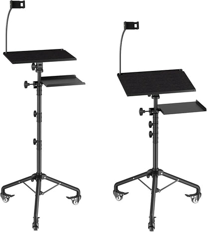 Projector Tripod Stand with Wheels, Portable Laptop Floor Support with Mouse Tray & Bag, Height Adjustable 26 to 49 Inch with Gooseneck Phone Holder for Office, Home, DJ Racks