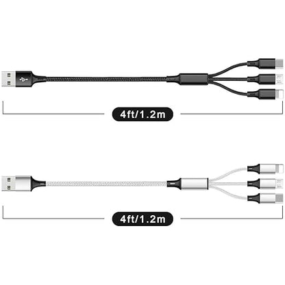 Multi USB Charging Cable 3A, 3 in 1 Fast Charger Cord Connector with Dual Phone/Type C/Micro USB Port Adapter, Compatible with Tablets Phone 12 11 Pro 8 7 6 Samsung Galaxy (4FT/2Pack Charging Only)