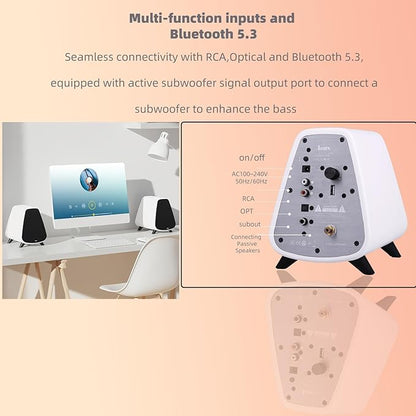 AS31 Active Bookshelf Speakers Bluetooth 5.3, 2-Way Stereo PC Desktop 80W RMS/3-inch Bass/Midrange/RCA and Fiber Optic Inputs, Wooden Compact High-Power Speakers - Matte Skin White