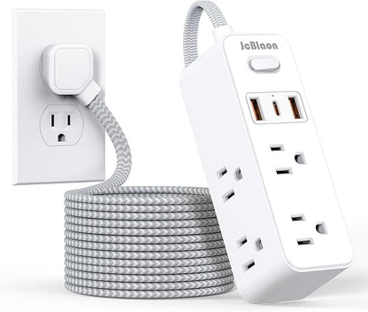 Extension Cord with Multiple outlets, 10 Ft Braided Power Cord, 6 Widely Outlets with 3 USB Ports (1 USB C), Ultra Thin Flat Plug, 3 Sided 1050J Power Strip Surge Protector for Home Travel Office