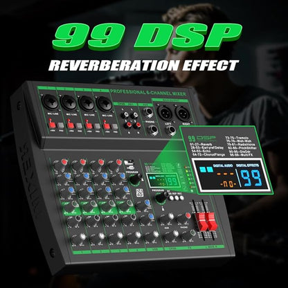 MW-6 black 6-Channel Professional DJ Audio Mixer Portable Controller Mixer with DSP 99 Preset Effects for Live Streaming, Podcasting, Home Party
