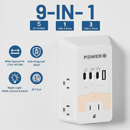 20W PD Fast Charging Wall Outlet with USB Ports (3C1A), Electrical Outlet Extender with Night Light, Surge Protector, Wall Plug Adapter for Multiple Devices, Wall Socket Expander