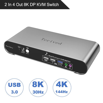Terived 2 Port DP USB 3.0 Automatic KVM Switch Quad Monitor Two Computers Four DisplayPort Monitors, 8K@30Hz 4K@144Hz, Aluminum hotkey Audio Microphone, Digital Display, HDR10 with Cables
