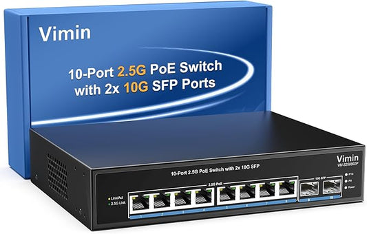 VIMIN 10-Port 2.5G PoE Switch Unmanaged, 8X 2.5G Base-T PoE Ports, 2X 10Gbps SFP, 8 Port PoE Switch w/ 60Gbps Ethernet Switching Capacity, Support IEEE802.3af/at, 65W, VLAN, Metal Housing, Fanless
