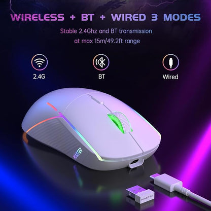 FFJ Wireless Gaming Mouse, 24000 DPI, Tri-Mode 2.4G/USB-C/Bluetooth 5.3 Gaming Mouse Wireless, RGB Programmable Mouse Gamer, 75Hrs Battery Life, Rechargeable Gaming Mice for PC, Mac, PS5, Xbox - White