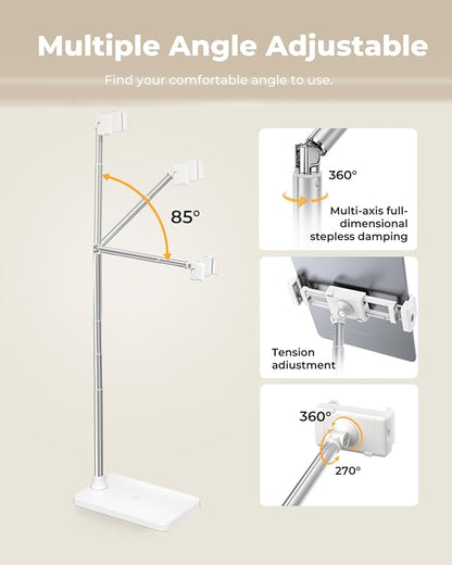 Extended Tablet Floor Stand, 360 Rotating Adjustable iPad Floor Holder with Long Flexible Arm, Compatible with 4-13" Devices, Stand for Bedside, Sofaside, Table, Desk (White)