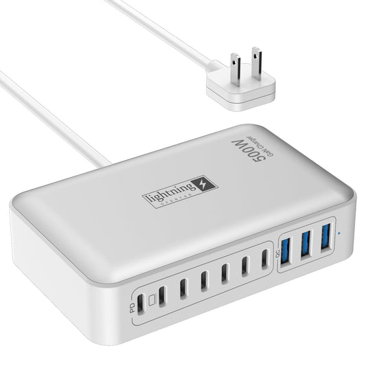 Charging Station for Multiple Devices 500W, 10 Ports Charging Blocks for Laptops/Tablets/Cellphones, 140W Max GaN Charger Super Fast Charging for MacBook, Ipad, iPhone, Power Adapter for Travel