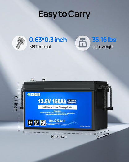 DC HOUSE 12V 150Ah LiFePO4 Lithium Battery with SOC Status Indicators, Bluetooth & Low Temp Cut-off, 12V Lithium Battery up to 15000 Cycles, 120A BMS Perfect for Trolling Motors, Marine, Boat, Solar
