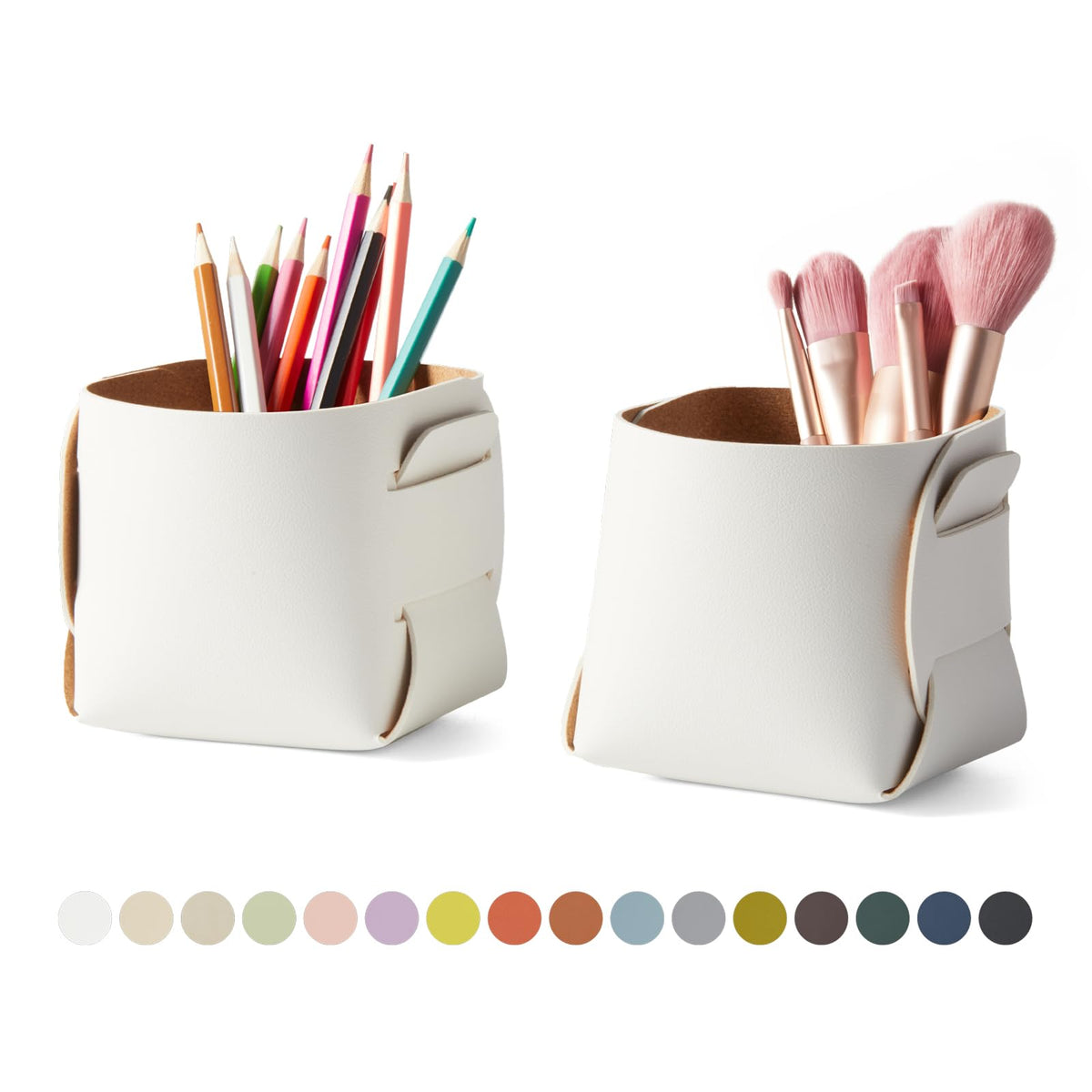 HOMIEAZICOZI 2-Pack Cork Leather Desk Accessories Storage - Pencil Pen Holder - Makeup Brush Holder Organizer - Stylish Addition to Home Decor (Light Green)