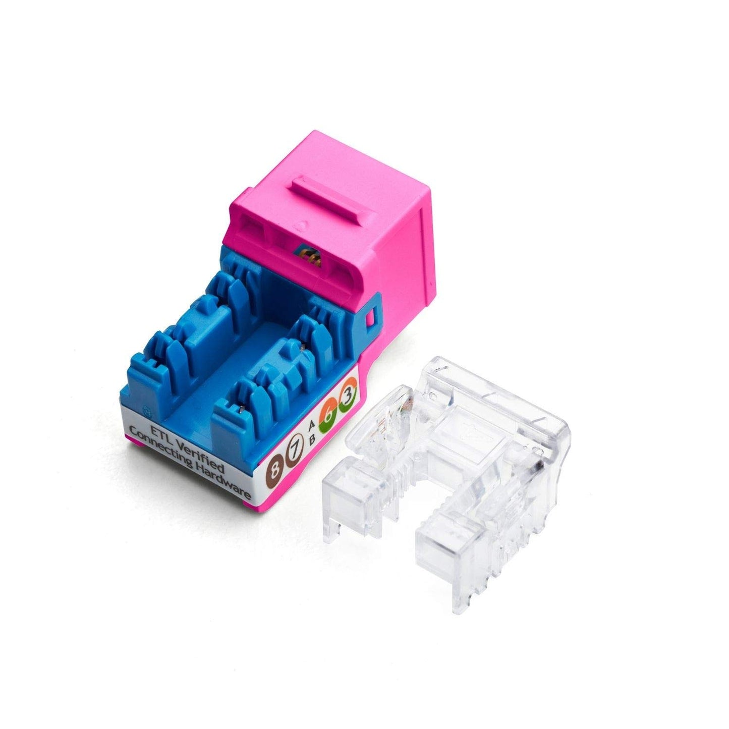 TRUE CABLE Cat5e Keystone Jack, Unshielded (UTP), 90 Degree Punch-Down, PoE++ (4PPoE) 100W,UL Listed, ETL Verified, ANSI/TIA Certified, Modular RJ45 Female, Pink, 48 Pack