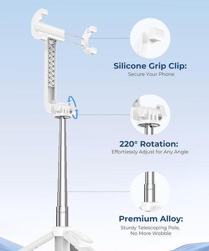 Fuloview 67‘’ Selfie Stick, Phone Tripod with Wireless Remote Control, Portable Selfie Stick Tripod for Photograph, Live Streaming, Video Recording, Compatible with All Cell Phones, White