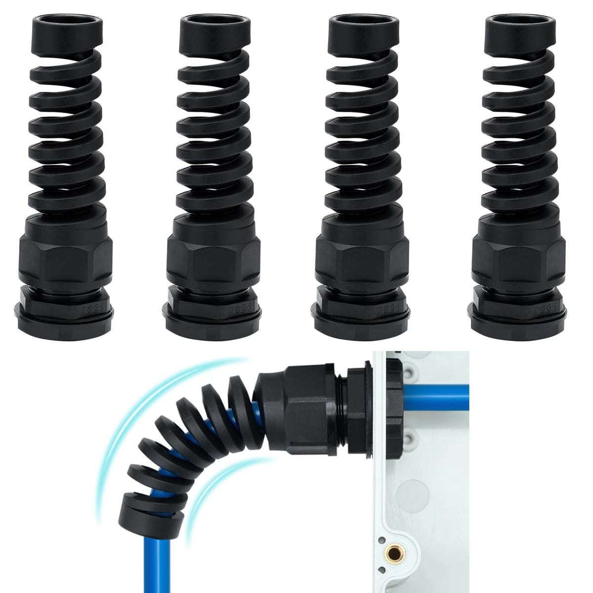 38 Pcs PG7~21 Kit Cable Gland 3-18mm Nylon Strain Relief Spring IP68 PA66