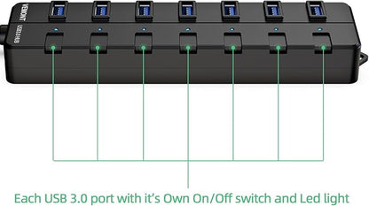 VEMONT USB hub,Computer Peripheral Equipment 7-Port USB 3.0 hub with 5V2A Power Adapter and Individual On/Off Switches,USB Charging hub 4ft/1.2m Long Cable