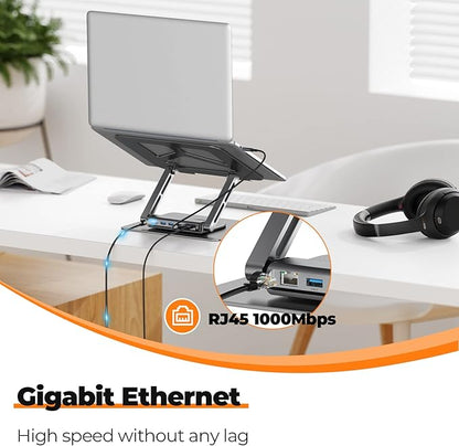Tobenone Laptop Docking Station Stand for MacBook Pro/Air/Dell/HP/Surface/Lenovo, Mac Docking Station with 4K HDMI, USB 3.0, RJ45, PD 3.0, USB C Laptop Stand Hub for Desk with 360 Rotating Base Grey