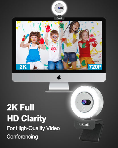 Camii 2K Webcam with Light, HD Webcam for PC with Built-in Privacy Cover, Adjustable Brightness, Noise Reduction Mics, for Zoom Skype Teams Laptop and Google Meet