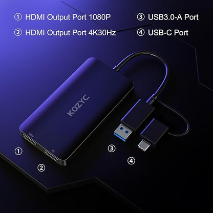 USB 3.0 to HDMI Splitter Extended Display Dual Monitors, USB 3.0-A/C to Dual HDMI Adapter 4K@30Hz+1080p@60Hz Compatible MacBook/MacBook Pro Air Dell (MST Support MacOS/Windows)