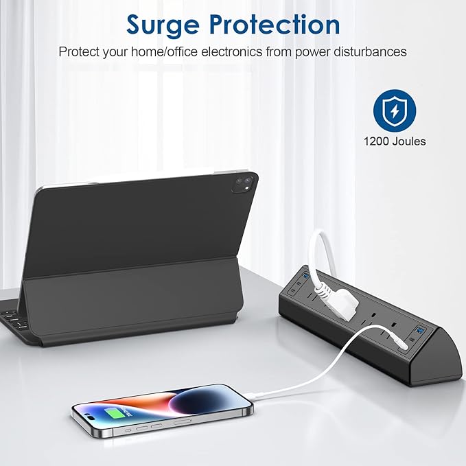 Desk Clamp Power Strip USB C,Under Desk Mount Power Station,20W Fast Charging,Fits 1.9'' Tabletop Edge,Desk Surge Protector,Perfect Home,Office Supplies (Black, 5 Outlets & 6 USB Ports & 10 FT Cable)