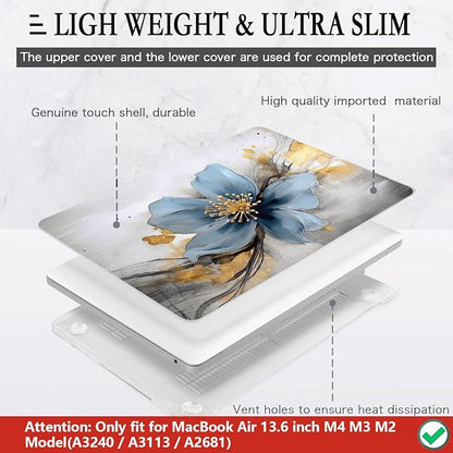 CISSOOK for MacBook Air 13.6 inch Case 2025 2024 2023 2022 Release Model A3240 A3113 A2681, Laptop Hard Shell Cases with Keyboard Cover Type C Adapter for MacBook Air 13 M2 M3 M4, Retro Golden Floral