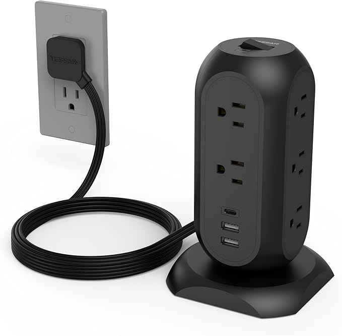 TESSAN Surge Protector Power Strip Tower with 3 USB Ports 11 Outlets, 1875W/15A, Black Extension Cord 6 Feet, 1050J Protection Desktop Charging Station for Office School Dorm Room Essentials