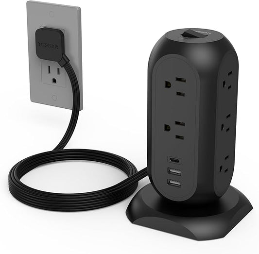 TESSAN Tower Power Strip Flat Plug with 1050J Surge Protection, 6 Ft, Black