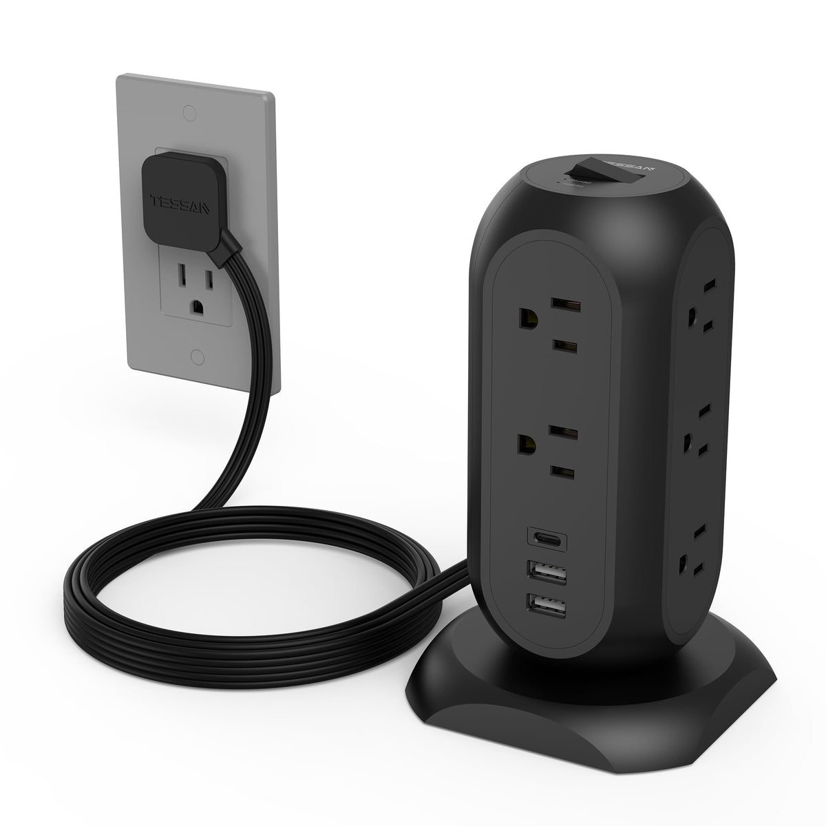 TESSAN Tower Power Strip Flat Plug with 1050J Surge Protection, 6 Ft, Grey