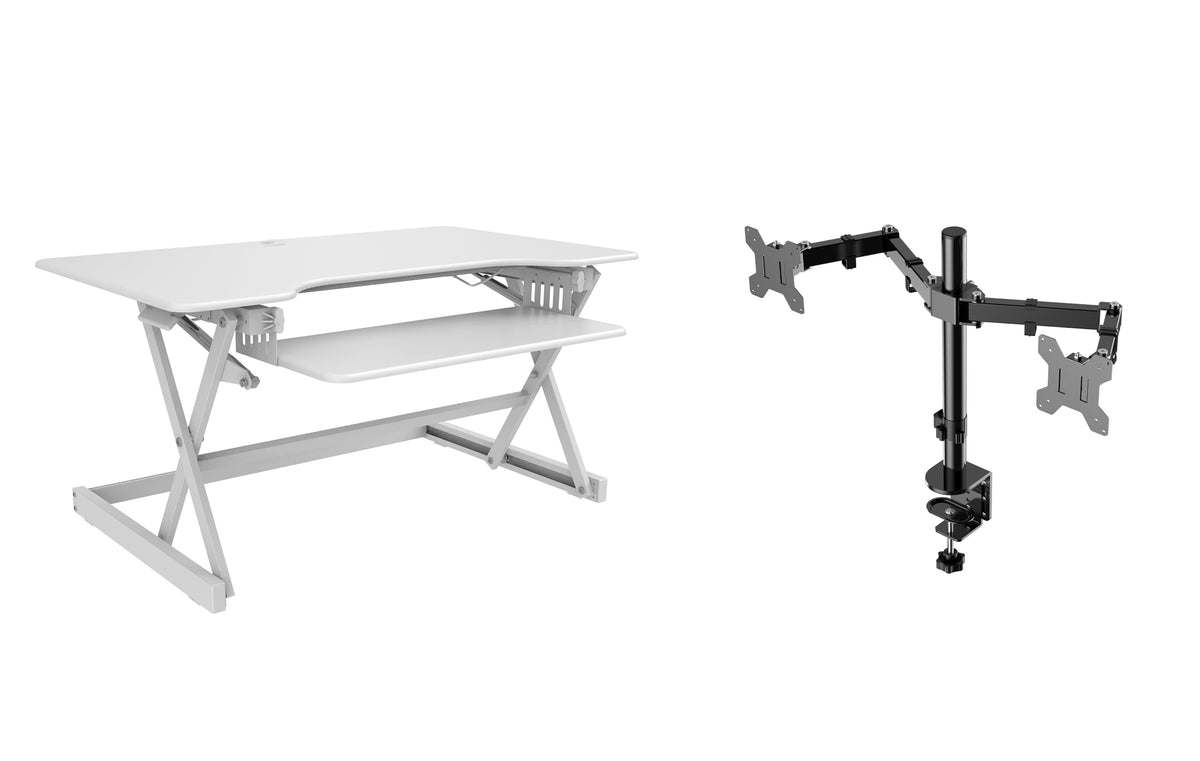 Rocelco 32" Height Adjustable Standing Desk Converter - Sit Stand Computer Workstation Riser - Dual Monitor Retractable Keyboard Tray Gas Spring Assist - Black (R EADRB2)
