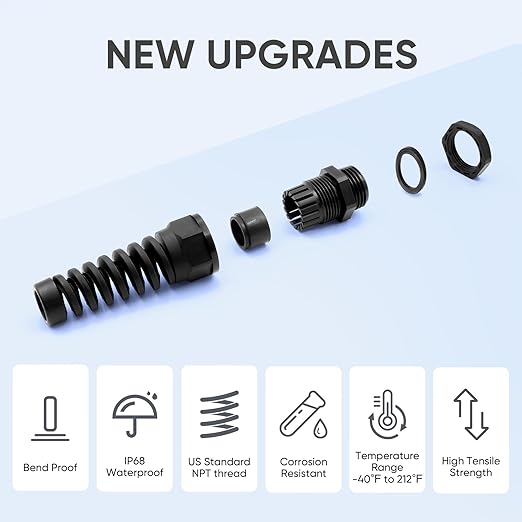 Strain Relief Cord Connector,LISTENJIALE 2Pcs NPT 1/4" Waterproof Cable Gland Flex Spiral Strain Relief Adjustable 4-8mm Cable Connector Nylon Joint with Gaskets(Black)