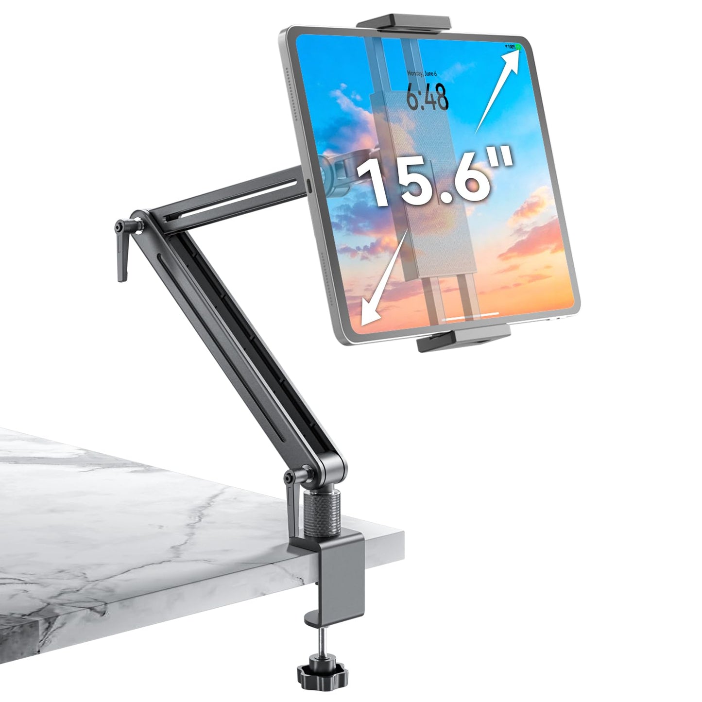 Jakeko Adjustable Tablet Mount for Desk - 360 Degree Rotating Base Tall Arm Holder Stand Swivel Flexible Clamp Soporte para Tablet/Portable Monitor/Ebook