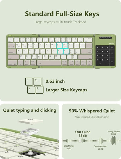 Nillkin Foldable Bluetooth Keyboard with Touchpad & Number Pad, Portable Bluetooth Keyboard with Full Size Keys, Pocket-Sized Wireless Travel Keyboards for iPad, Smartphone, Tablet and Laptop Green