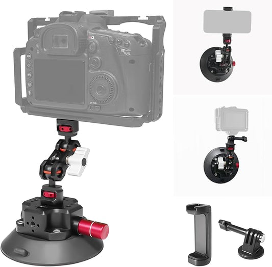 FIFIELD 4.5in Camera Suction Cup with Aluminum Ball Head Magic Arm, 1/4" ARRI Holes Car Camera Mount Compatible with DJI Gopro Insta360 Phone Action Camera with Phone Holder