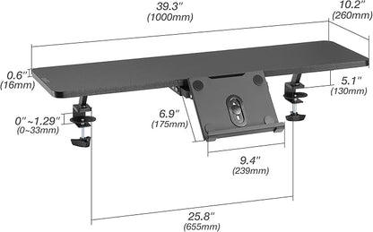 AVLT Clamp Desk Shelf Dual 32" Monitor Riser With Slide-out Holder for Convertible Laptop, Tablet, Smartphone (Black) - Floating Stand (Clamp-On Shelf Only)