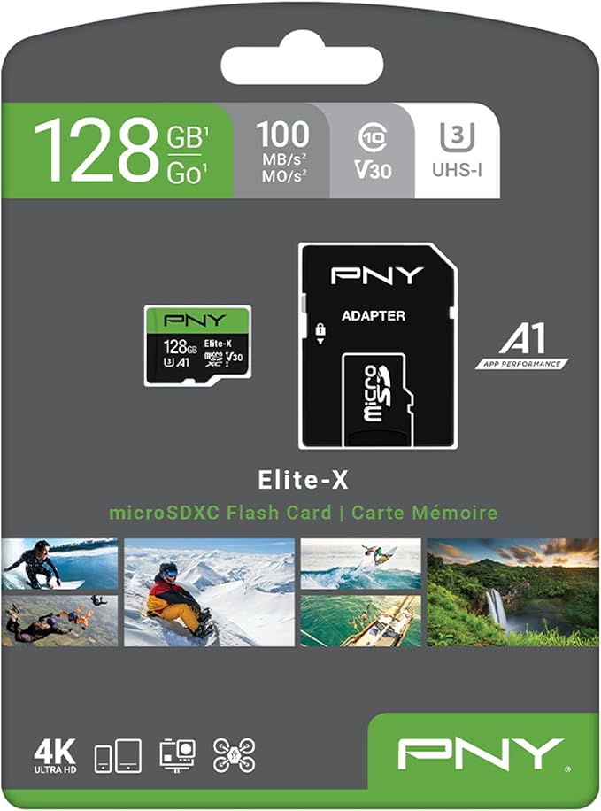 PNY 128GB Elite-X Class 10 U3 V30 microSDXC Flash Memory Card - 100MB/s, Class 10, U3, V30, A1, 4K UHD, Full HD, UHS-I, microSD