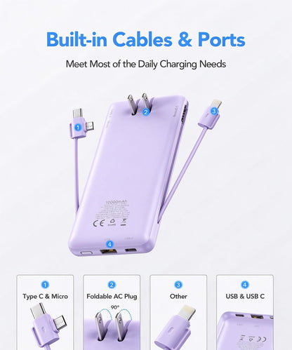 VRURC Portable Charger Built-in Cables and AC Wall Plug, USB C Power Bank 10000mAh, Travel Essentials Phone Charger Compact Lightweight External Battery Pack for Smart Phones, Tablets etc-Purple