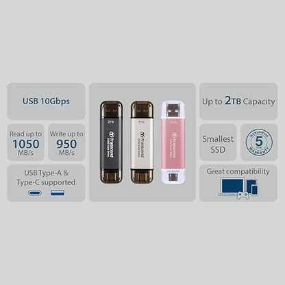Transcend 1TB External SSD, Up to 1,050MB/s, USB 3.2 Gen 2 Portable SSD, 2-in-1 Type C &Type A, USB Hard Drive for Steam Deck, ROG Ally, MSI Claw, Windows&Mac, iPhone&iPad, Android, PS5&Xbox, Smart TV