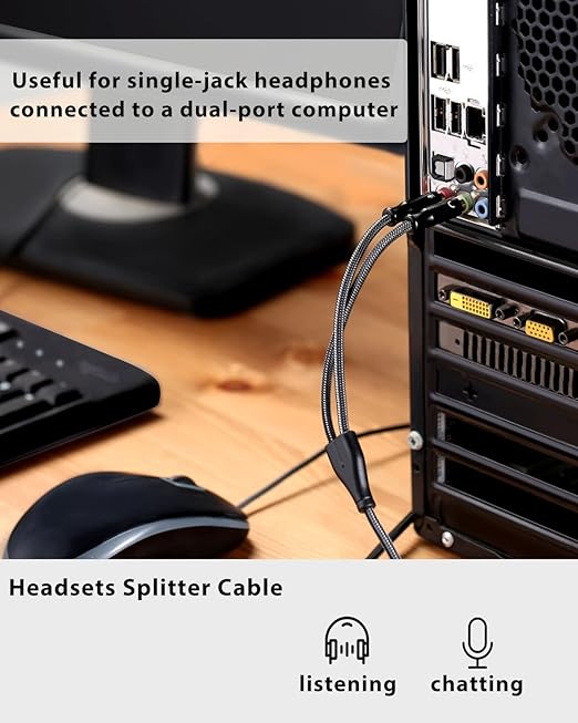 Headset Splitter Cable for PC 3.5mm Crystal-Nylon Braid Female to Dual 3.5mm TRS Male Headphone Mic Audio Y Splitter Cable CTIA Gaming Headset to PC Adapter - Matte Black 0.3M