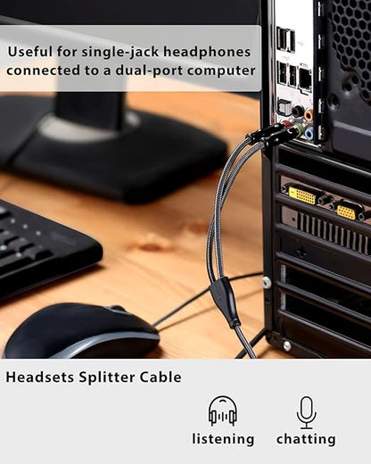 Headset Splitter Cable for PC 3.5mm Crystal-Nylon Braid Female to Dual 3.5mm TRS Male Headphone Mic Audio Y Splitter Cable CTIA Gaming Headset to PC Adapter - Matte Black 0.3M
