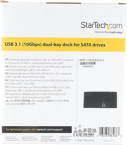 StarTech.com Dual-Bay USB 3.1 to SATA Hard Drive Docking Station, USB 3.1 (10 Gbps), External 2.5/3.5" SATA I/II/III, SSD/HDD Docking Station, Hot-Swap Hard Drive Bay, Top-Loading (SDOCK2U313)